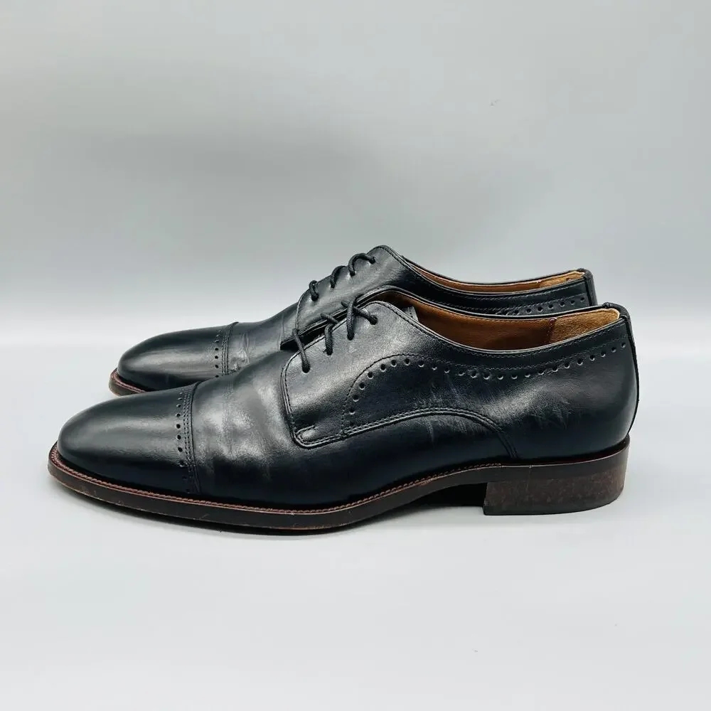 Johnston & Murphy Shoes Mens 9 Black Leather Cap Toe Derby Dress Almond Toe